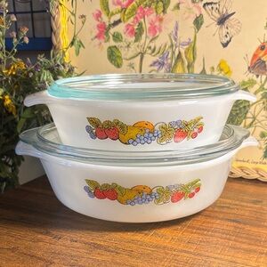 Vintage Glass Casserole Dish Set with Fruit Design